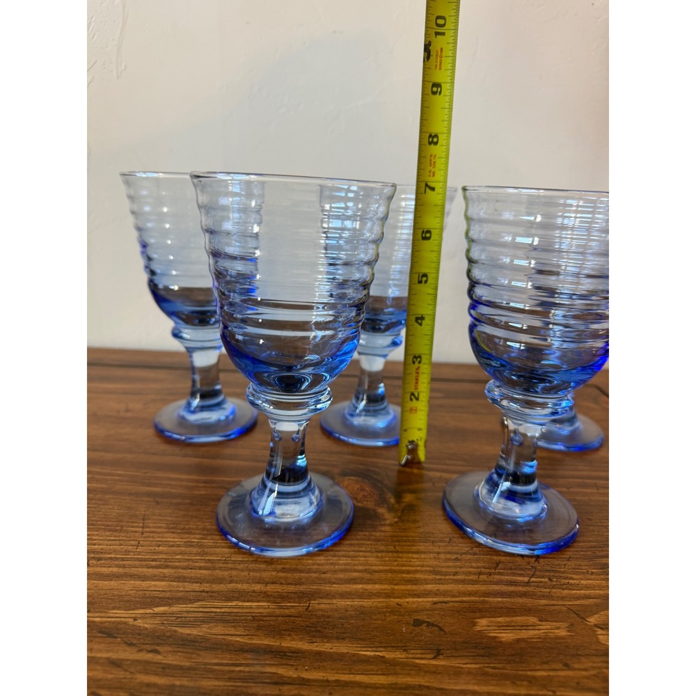 Set of 5 Libby Sirrus Blue Ribbed Glass Goblets Footed Water Wine Glasses 7in - Picture 4 of 5